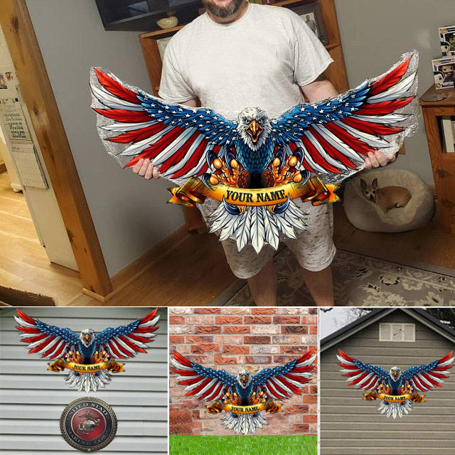 Personalized Name Bald Eagle Flag Metal Wall Art Decoration